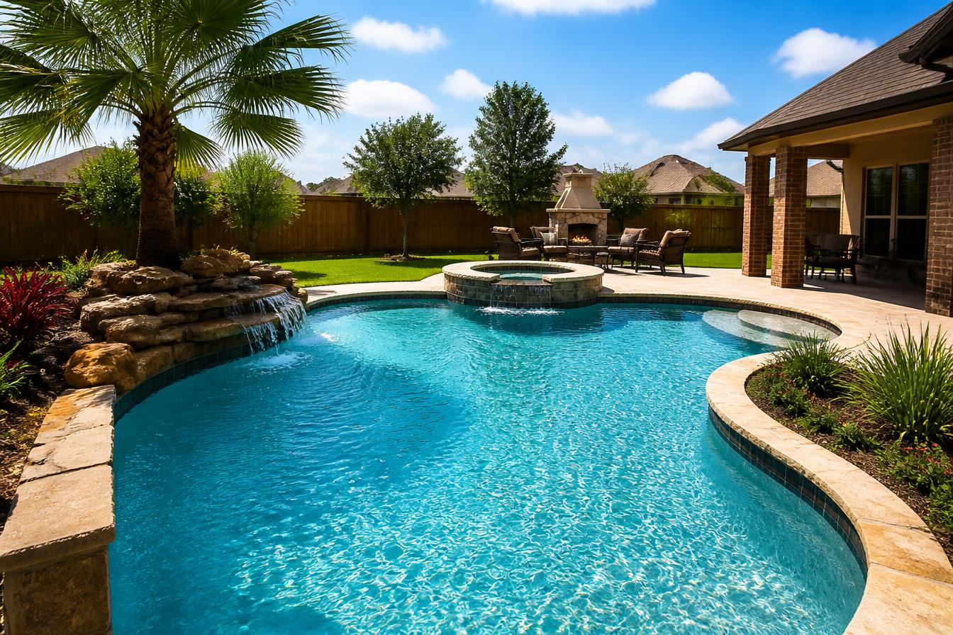 Sparkling clean swimming pool in a sunny Katy, Texas backyard